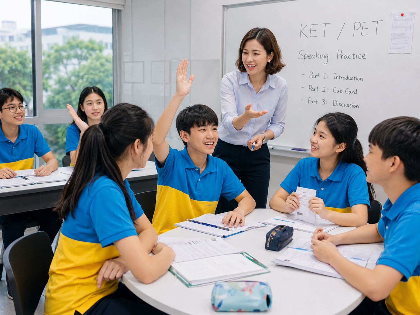Học sinh cấp 2 hào hứng thảo luận nhóm trong lớp luyện thi KET PET tại Nhật Mỹ