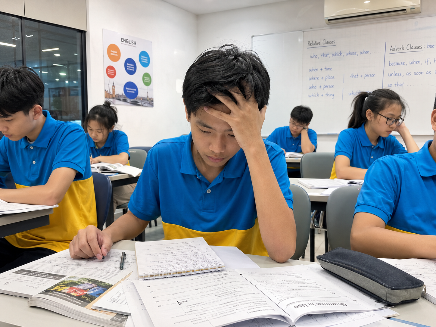 Học sinh cấp 2 căng thẳng và chán nản trước đống bài tập ngữ pháp tiếng Anh khô khan